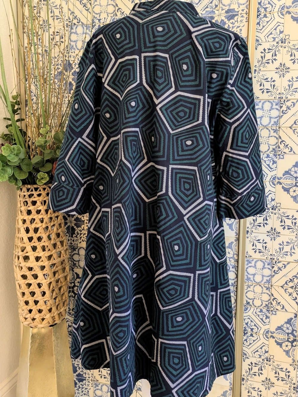 Zuri Geometric A-Line Women's Dress in Teal and Navy Sz L - Picture 4 of 6